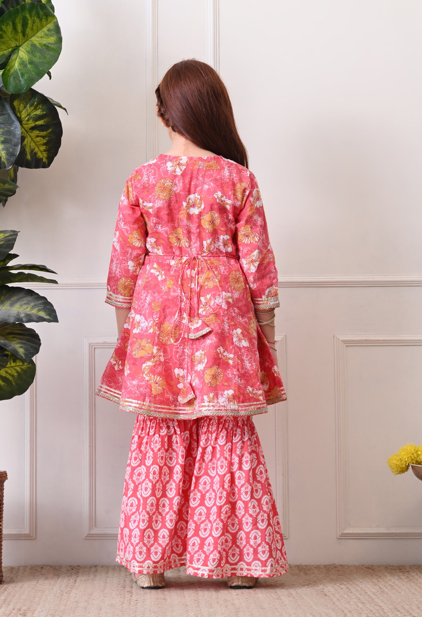 Girl's Pink Floral Printed Peplum Kurta with Sharara Set
