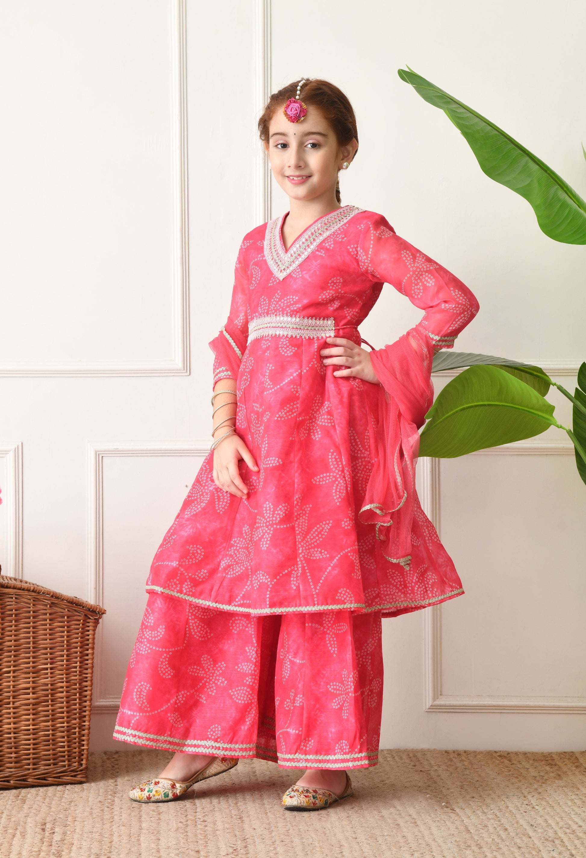 Girls Pink Bandhani Printed Layered Sharara Set with Dupatta