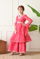 Girls Pink Bandhani Printed Layered Sharara Set with Dupatta