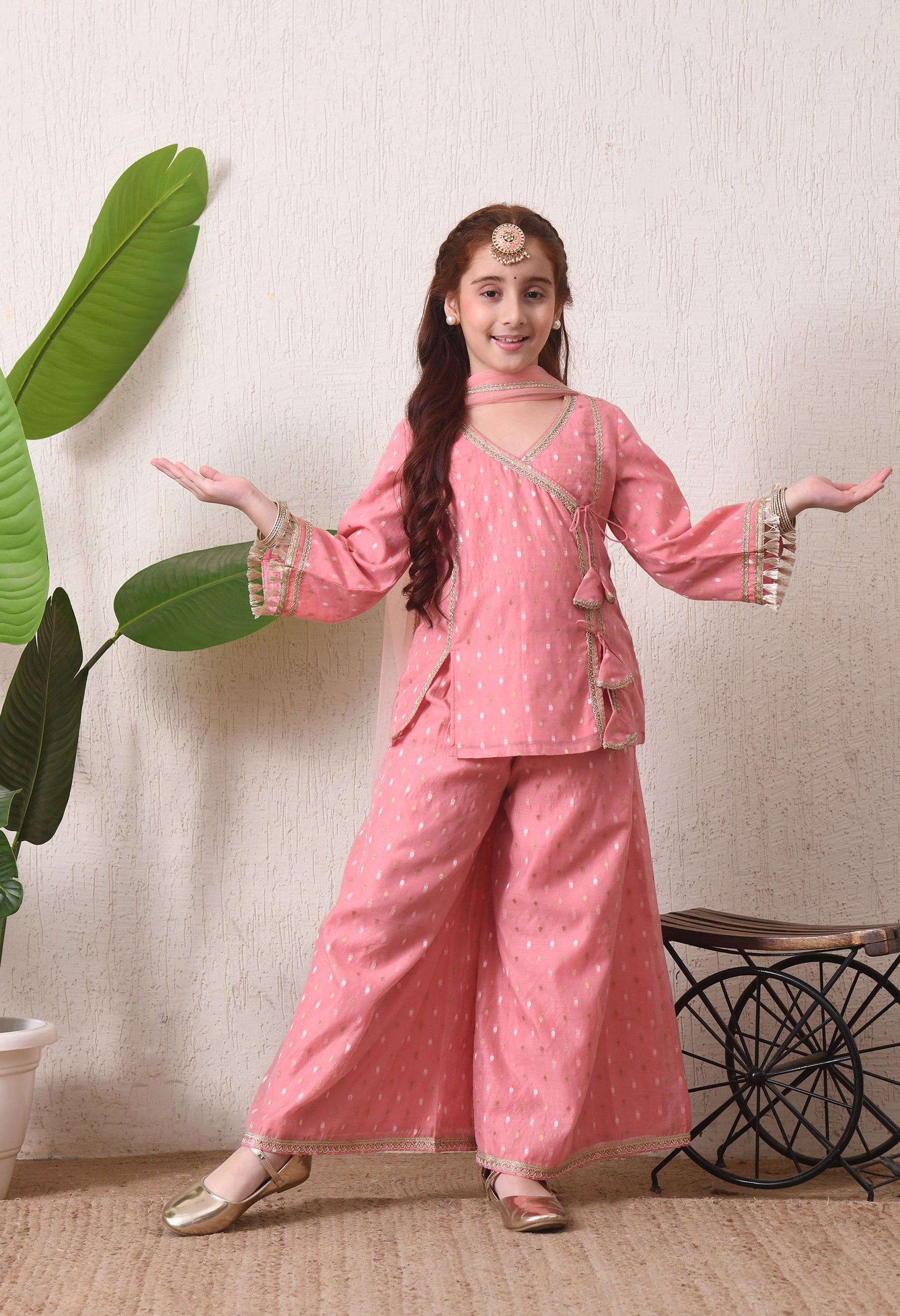 Girls Pink Festive Kurta & Palazzo Set with Dupatta