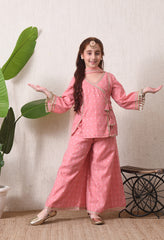 Girls Pink Festive Kurta & Palazzo Set with Dupatta