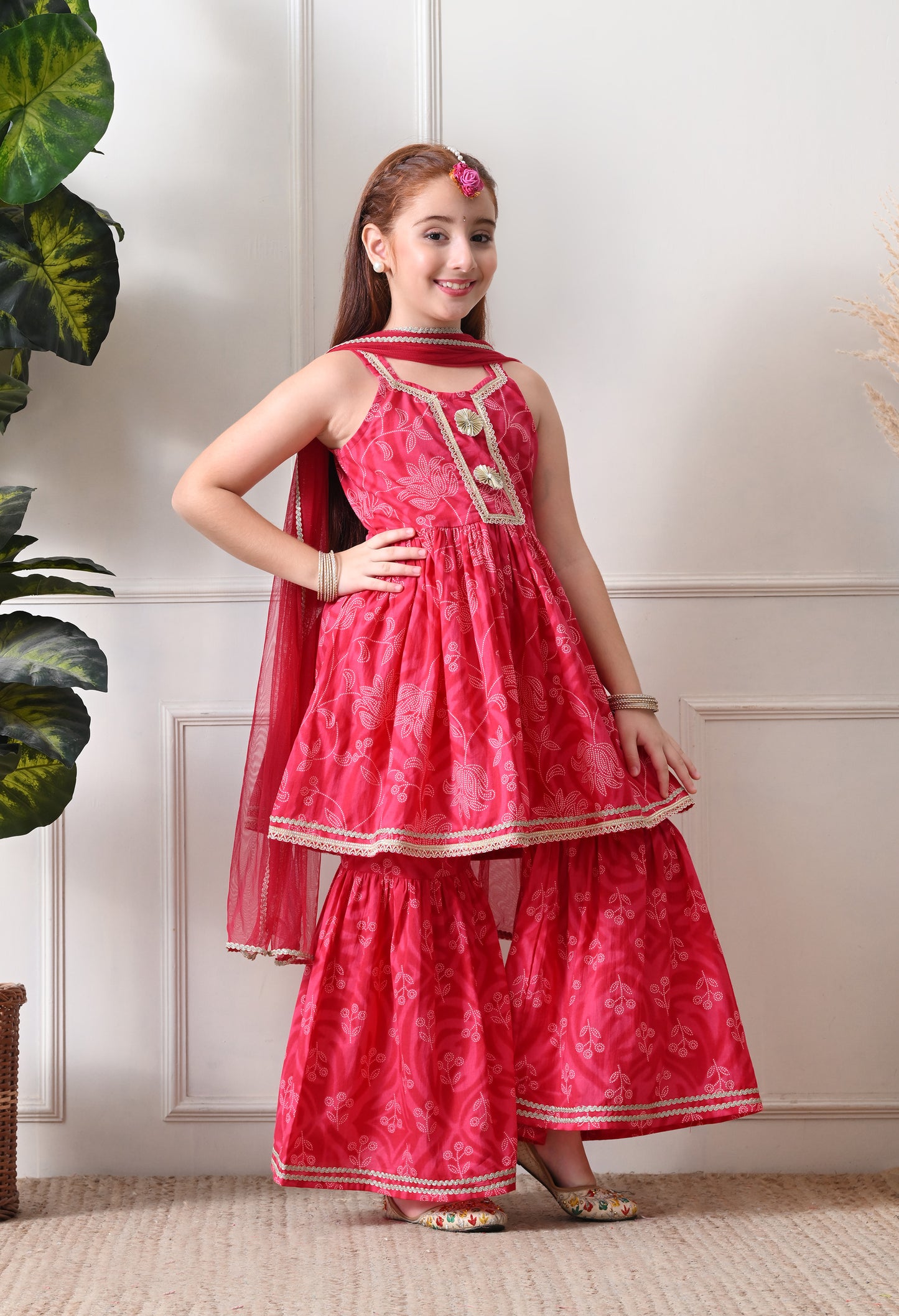 Girl's Pink Floral Printed Sharara Set with Dupatta