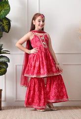 Girl's Pink Floral Printed Sharara Set with Dupatta