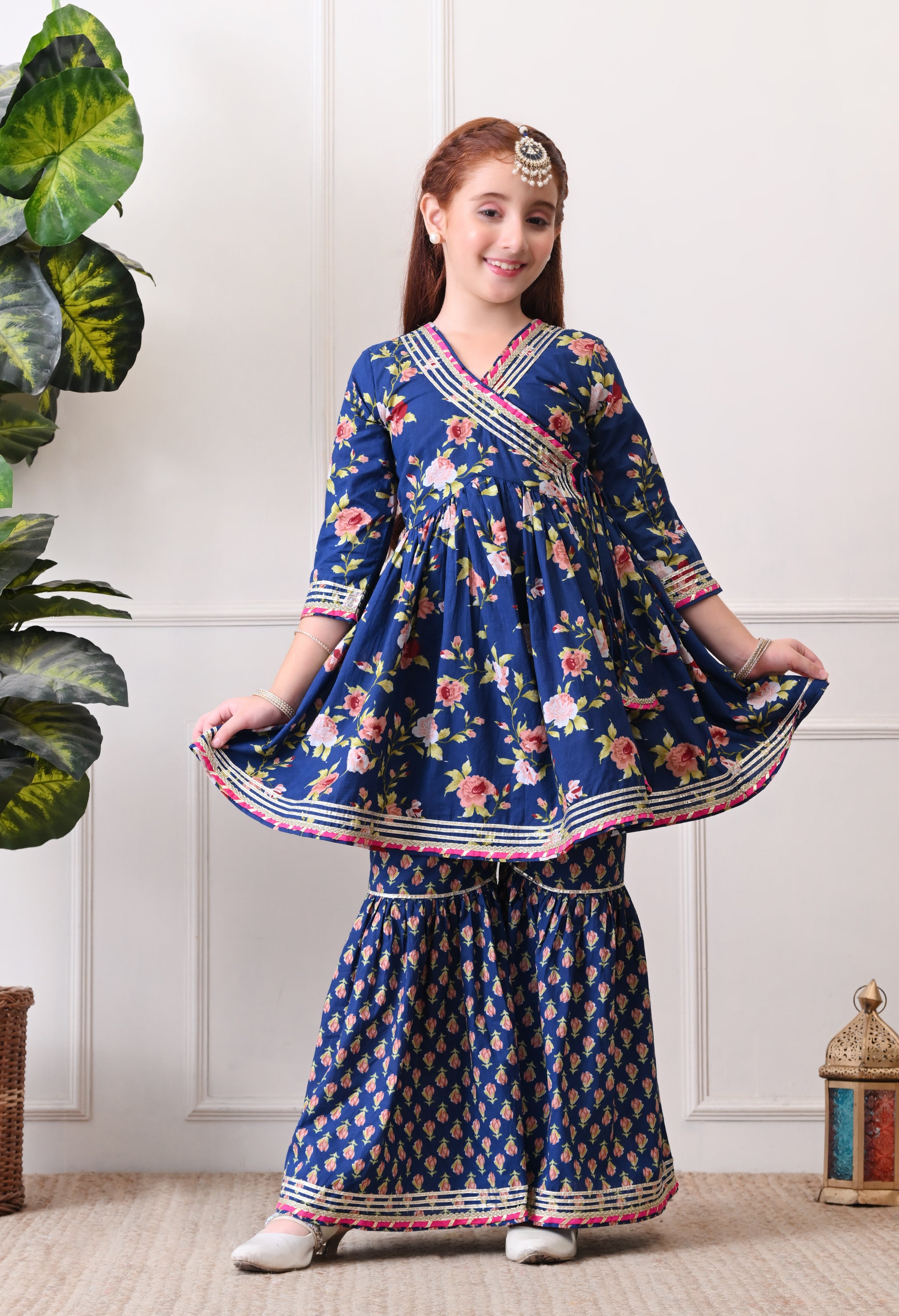 Girl's Navy Blue Floral Peplum Kurta with Printed Sharara Festive Ethnic Set