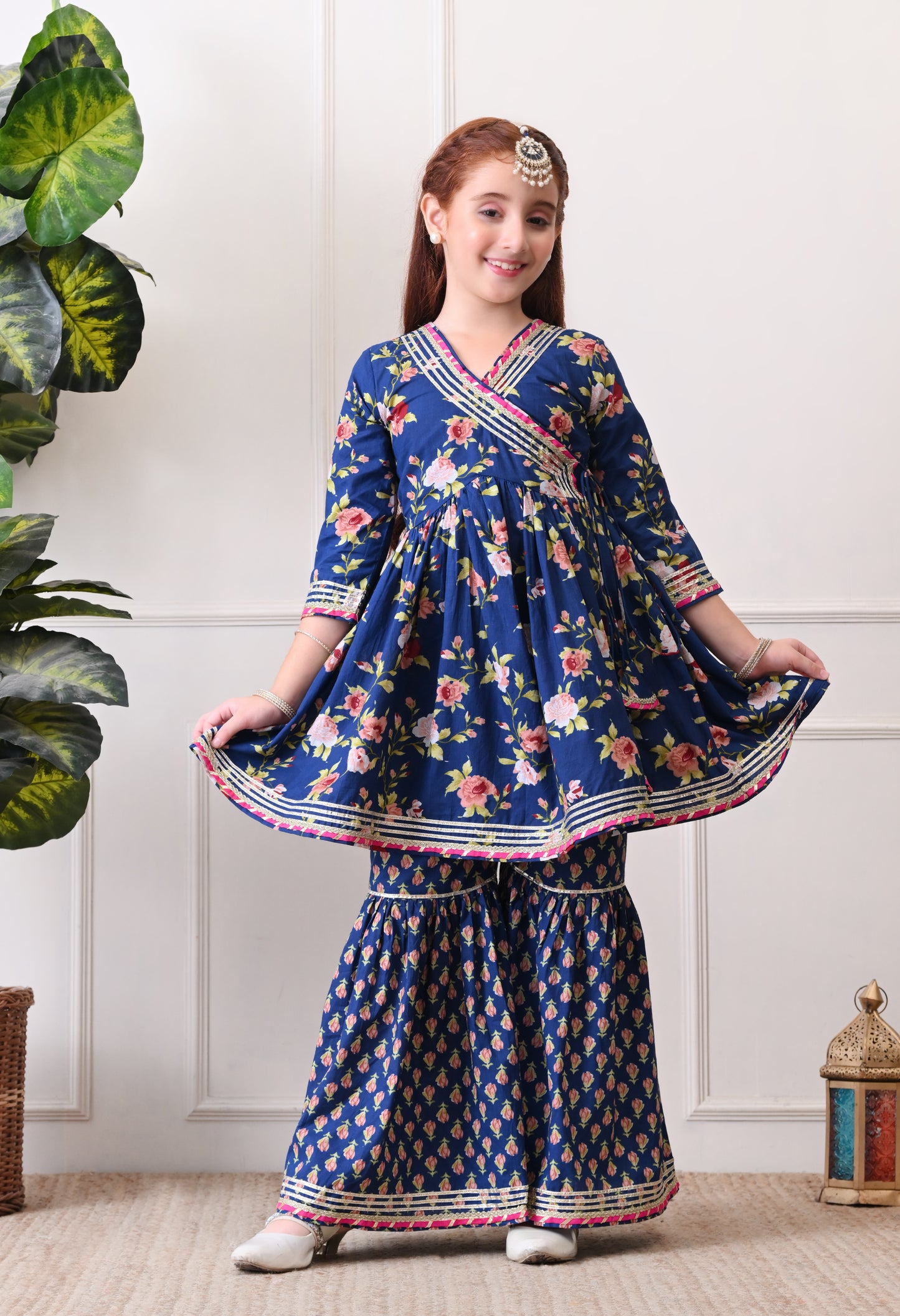 Girl's Navy Blue Floral Peplum Kurta with Printed Sharara Festive Ethnic Set