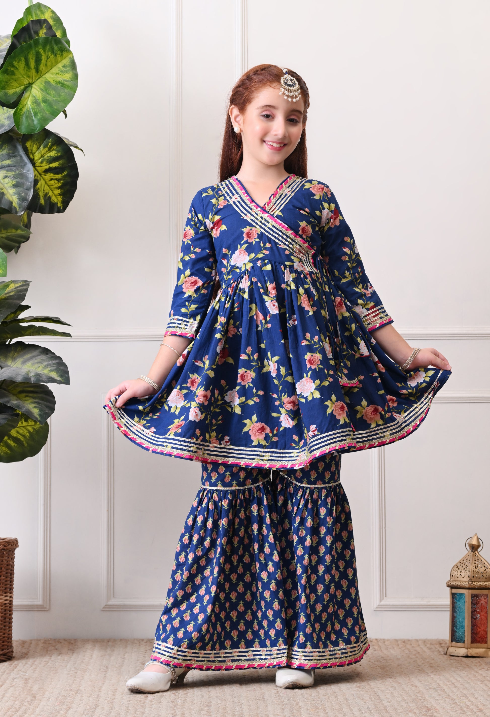 Girl's Navy Blue Floral Peplum Kurta with Printed Sharara Festive Ethnic Set