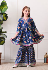 Girl's Navy Blue Floral Peplum Kurta with Printed Sharara Festive Ethnic Set