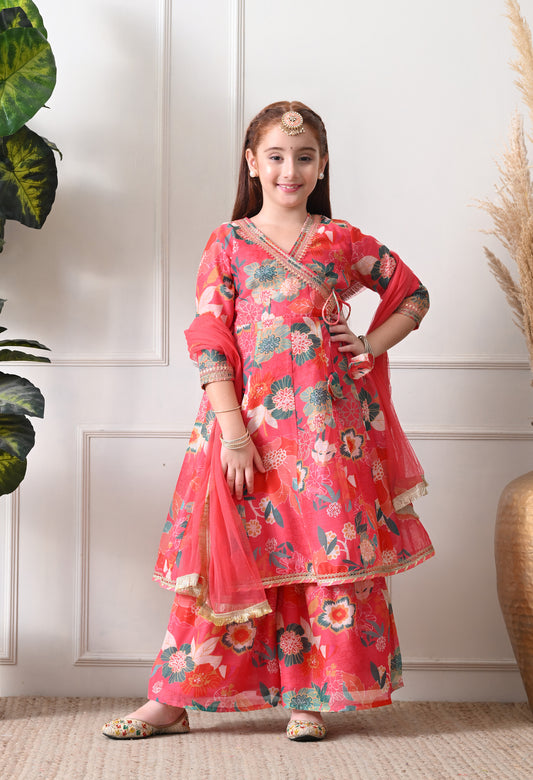 Girl's Peach Multicolor Printed  Kurta Sharara Set with Dupatta