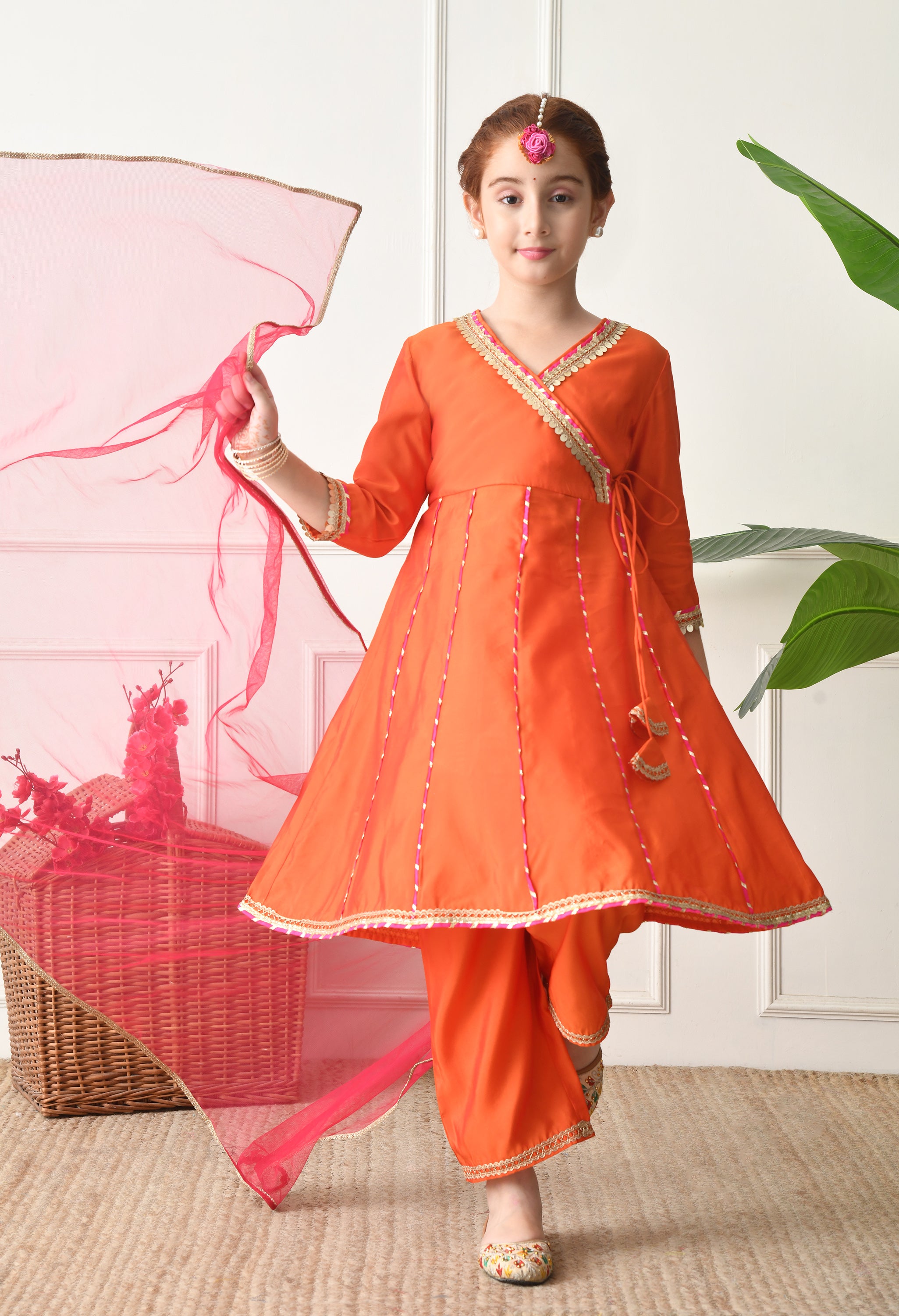 Girls Orange Angrakha Kurta Set with Pink Dupatta Ethnic Wear for Girls