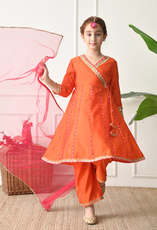 Girls Orange Angrakha Kurta Set with Pink Dupatta Ethnic Wear for Girls