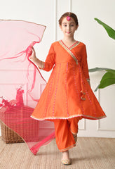 Girls Orange Angrakha Kurta Set with Pink Dupatta Ethnic Wear for Girls