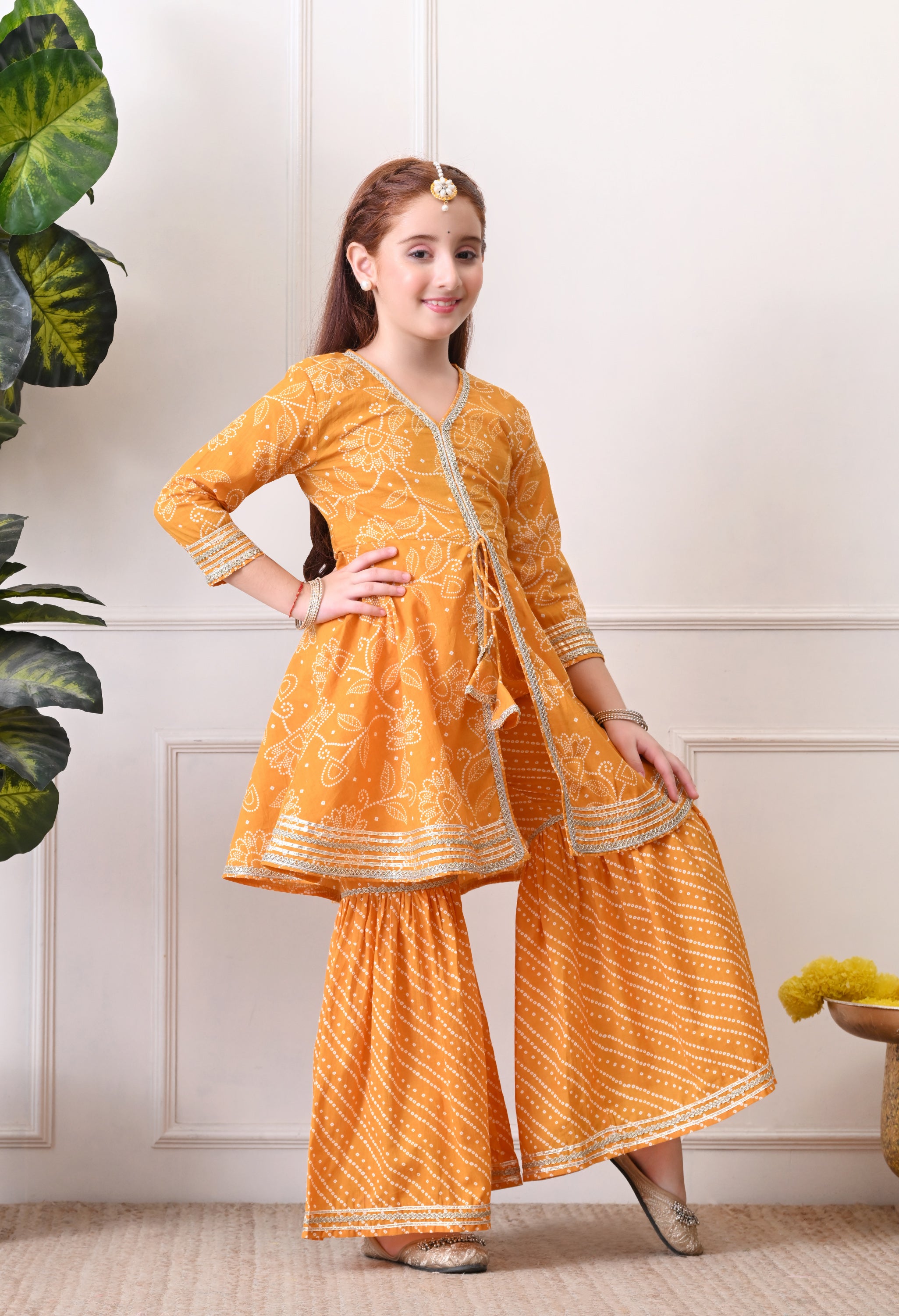 Girl's Mustard Bandhani Print Kurta with Sharara Set Festive Ethnic Ensemble