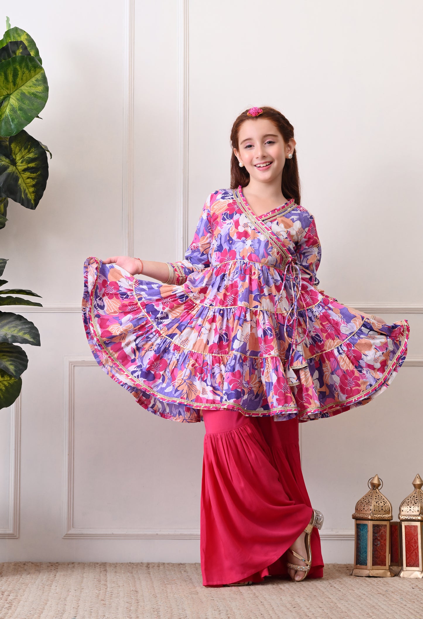 Girl's Multicolor Floral Peplum Tiered Kurta with Sharara Festive Fusion Set