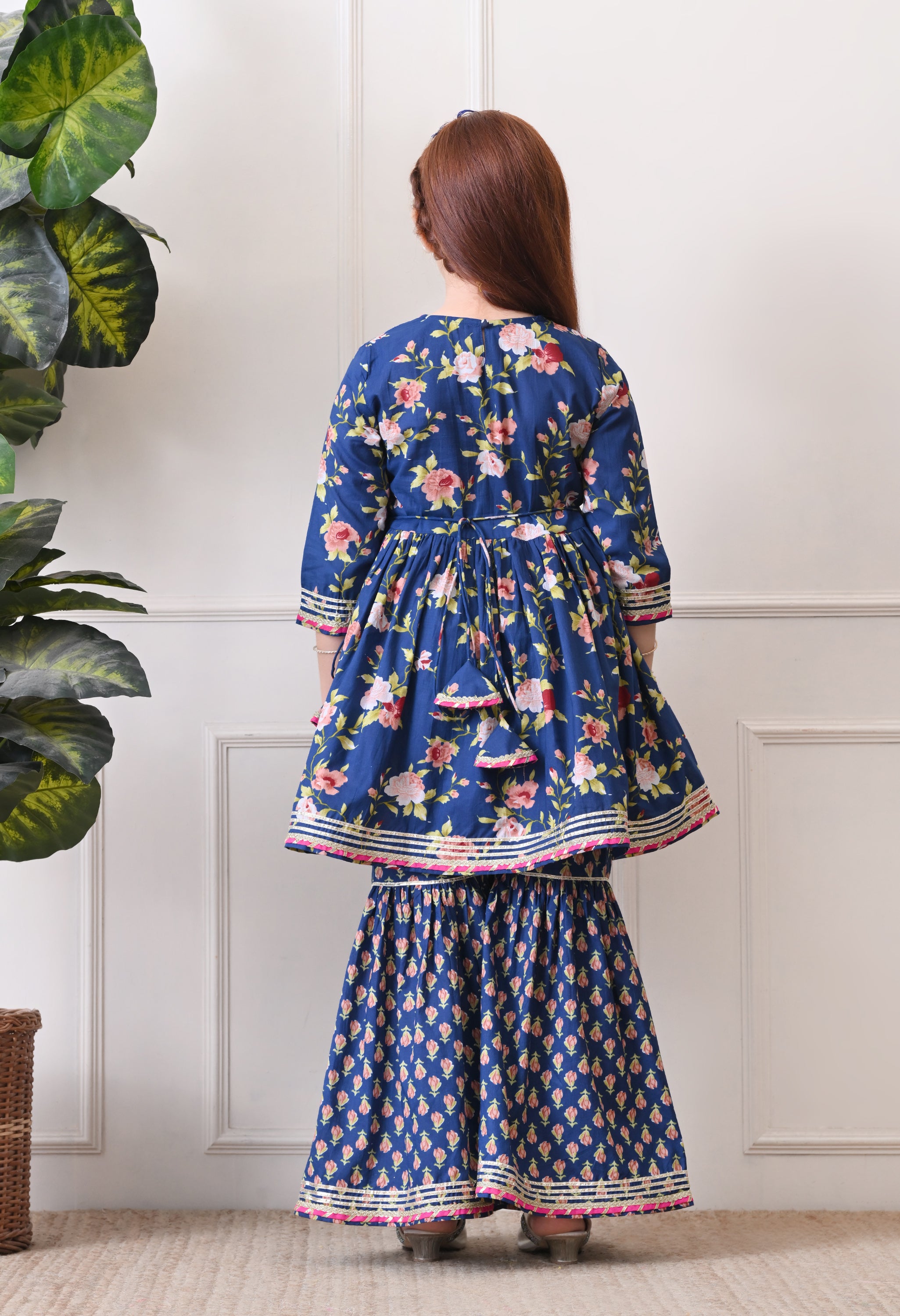 Girl's Navy Blue Floral Peplum Kurta with Printed Sharara Festive Ethnic Set