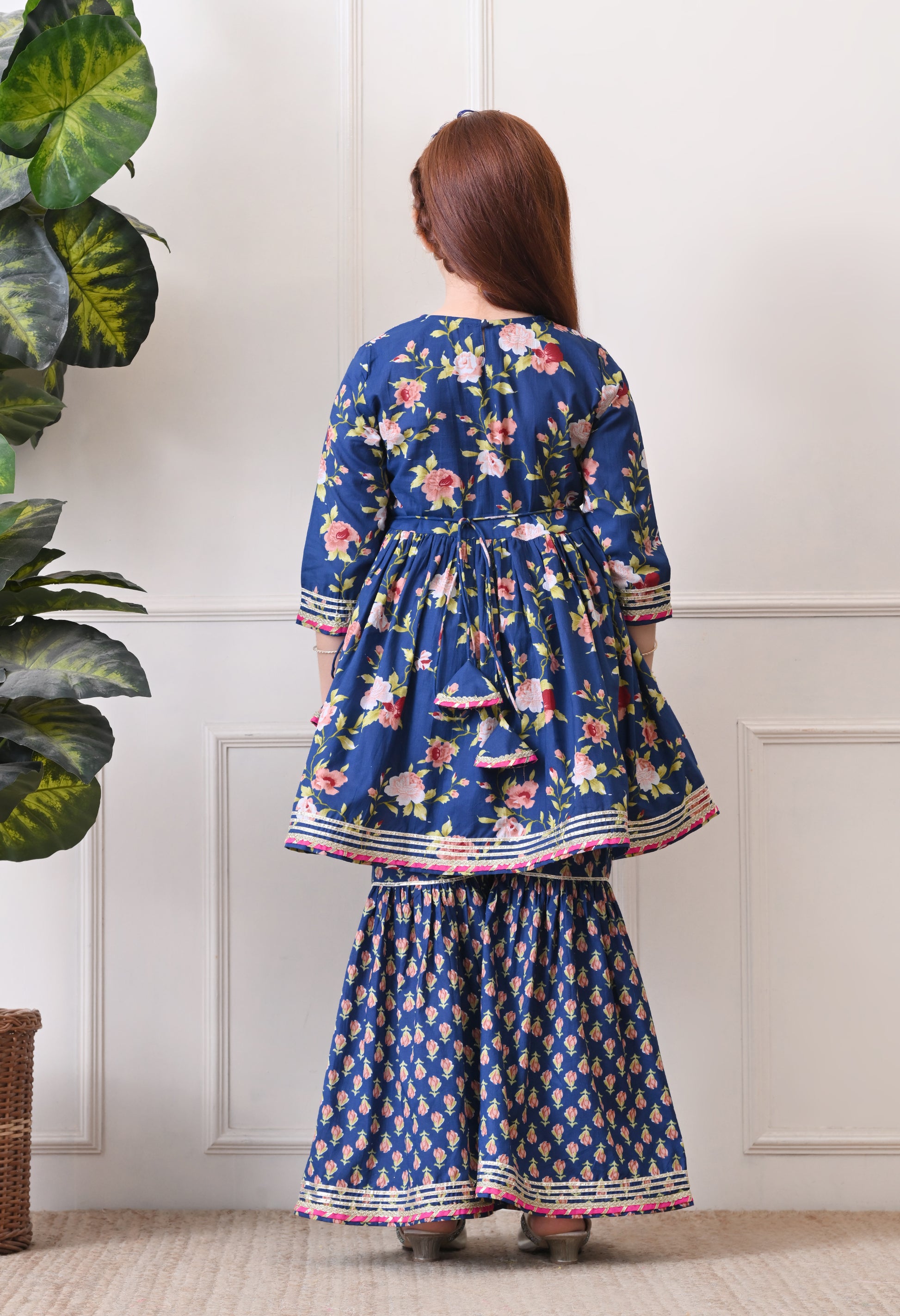Girl's Navy Blue Floral Peplum Kurta with Printed Sharara Festive Ethnic Set