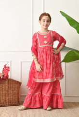 Girls Red Bandhej Print Sharara Set with Dupatta Festive Wear for Girls