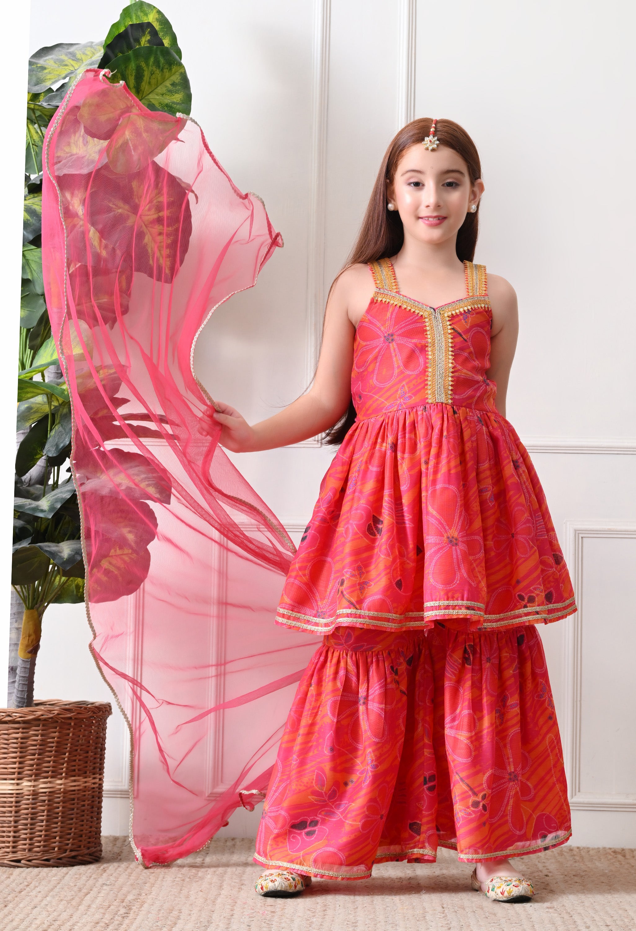 Girl's Pink Sleeveless Printed Kurta Sharara Set with Dupatta