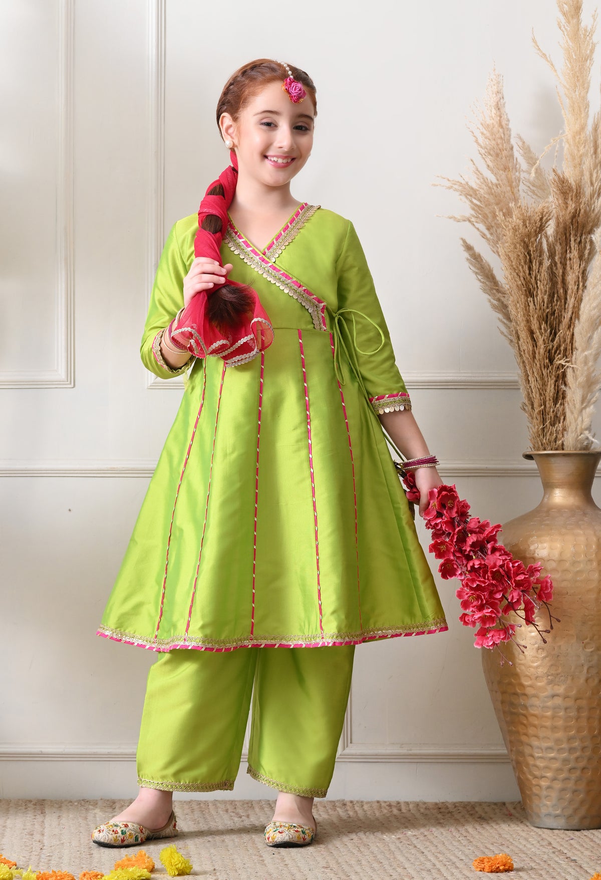 Girl's Lime Green Wrap Style Kurta Set with Contrasting Pink Dupatta
