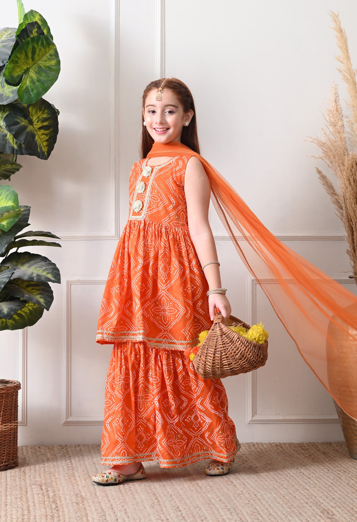 Girls Orange Bandhej foil print Kurta with Sharara Set with Dupatta