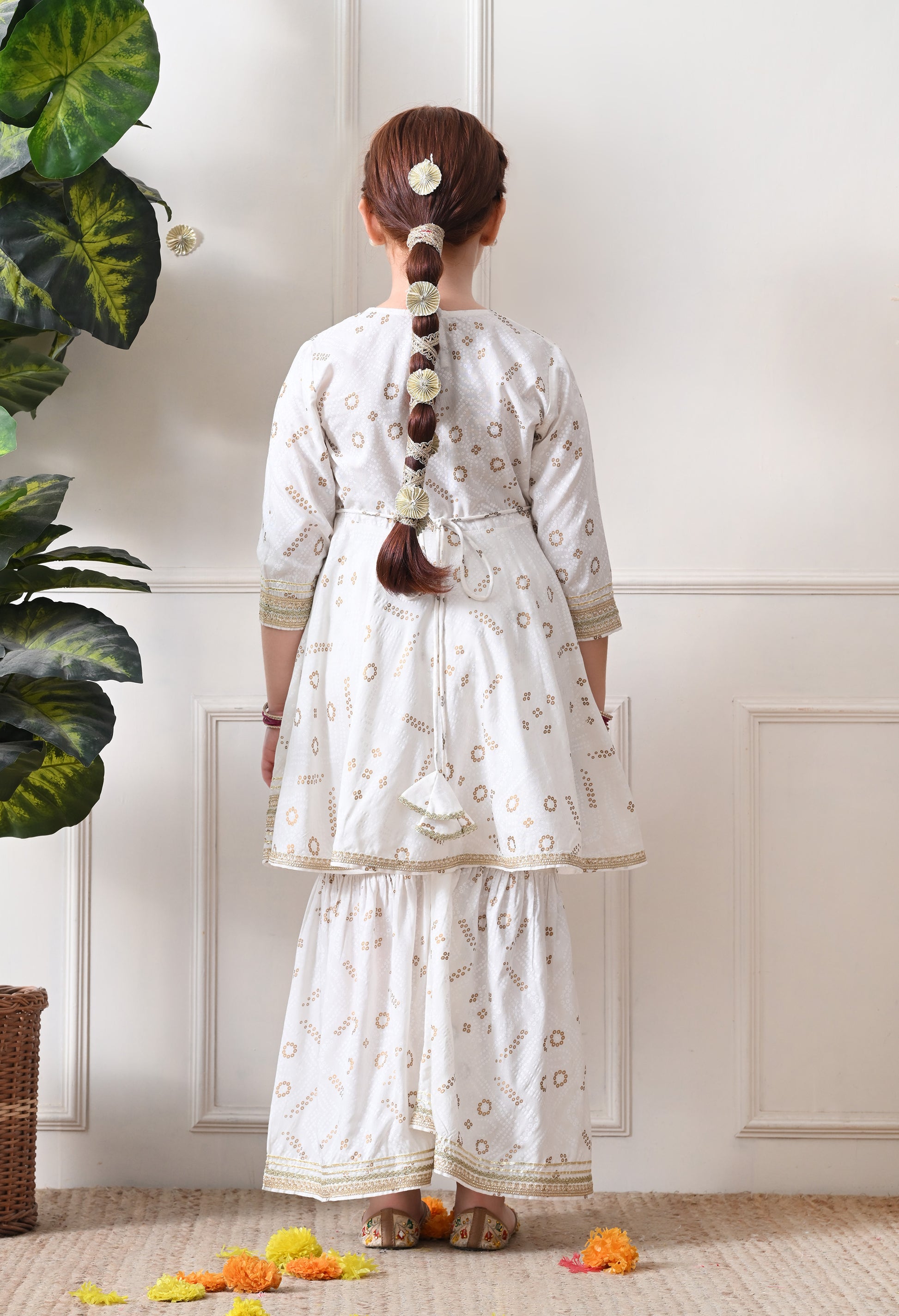 Girls Off White Bandhej foil print Kurta with Sharara Set