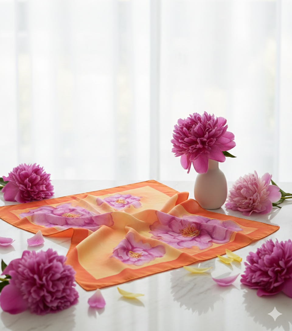 Orange Bloomers - Hand Painted Pure Silk Square Canvas