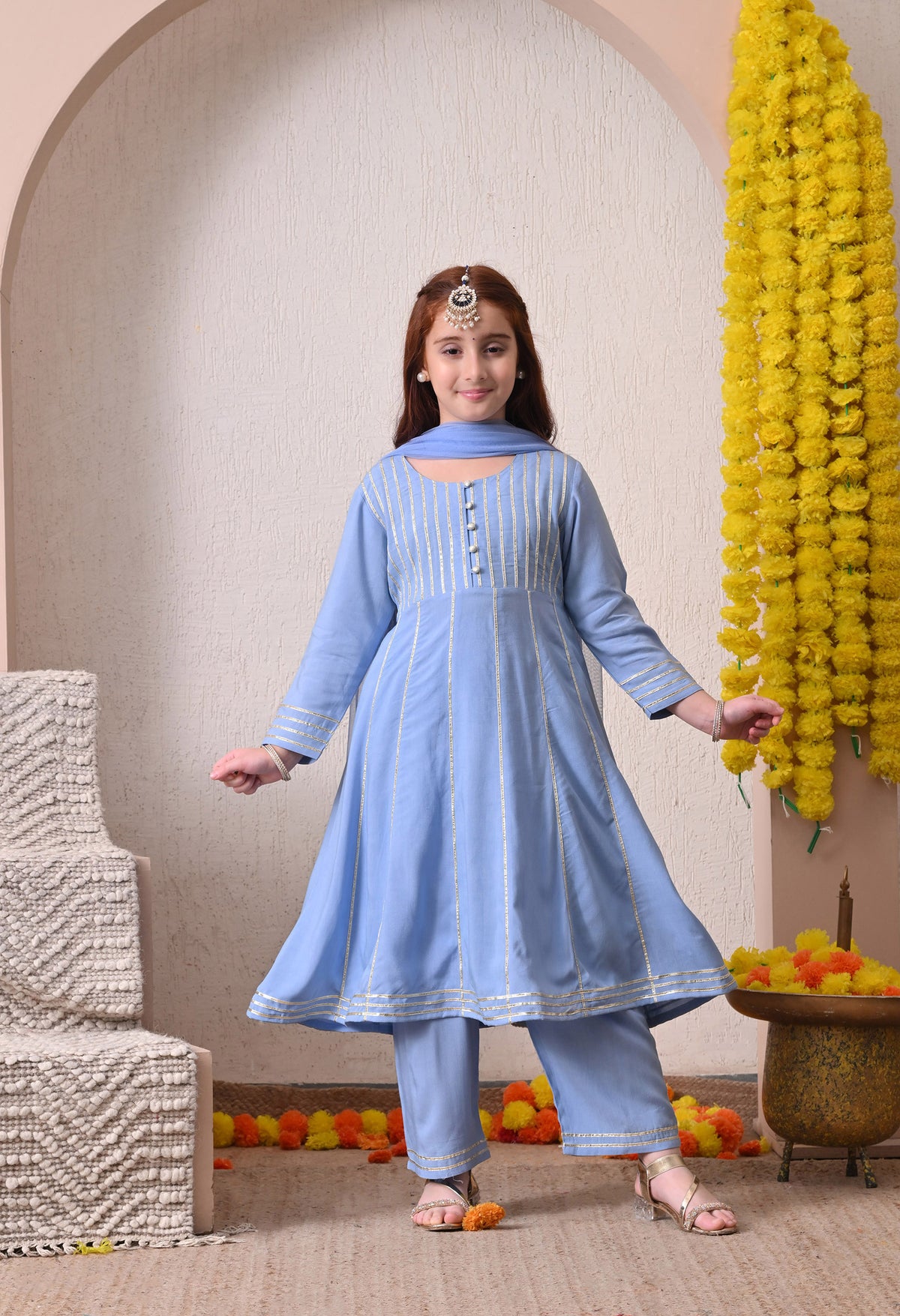 Girls Sky Blue Kurta Set with Dupatta