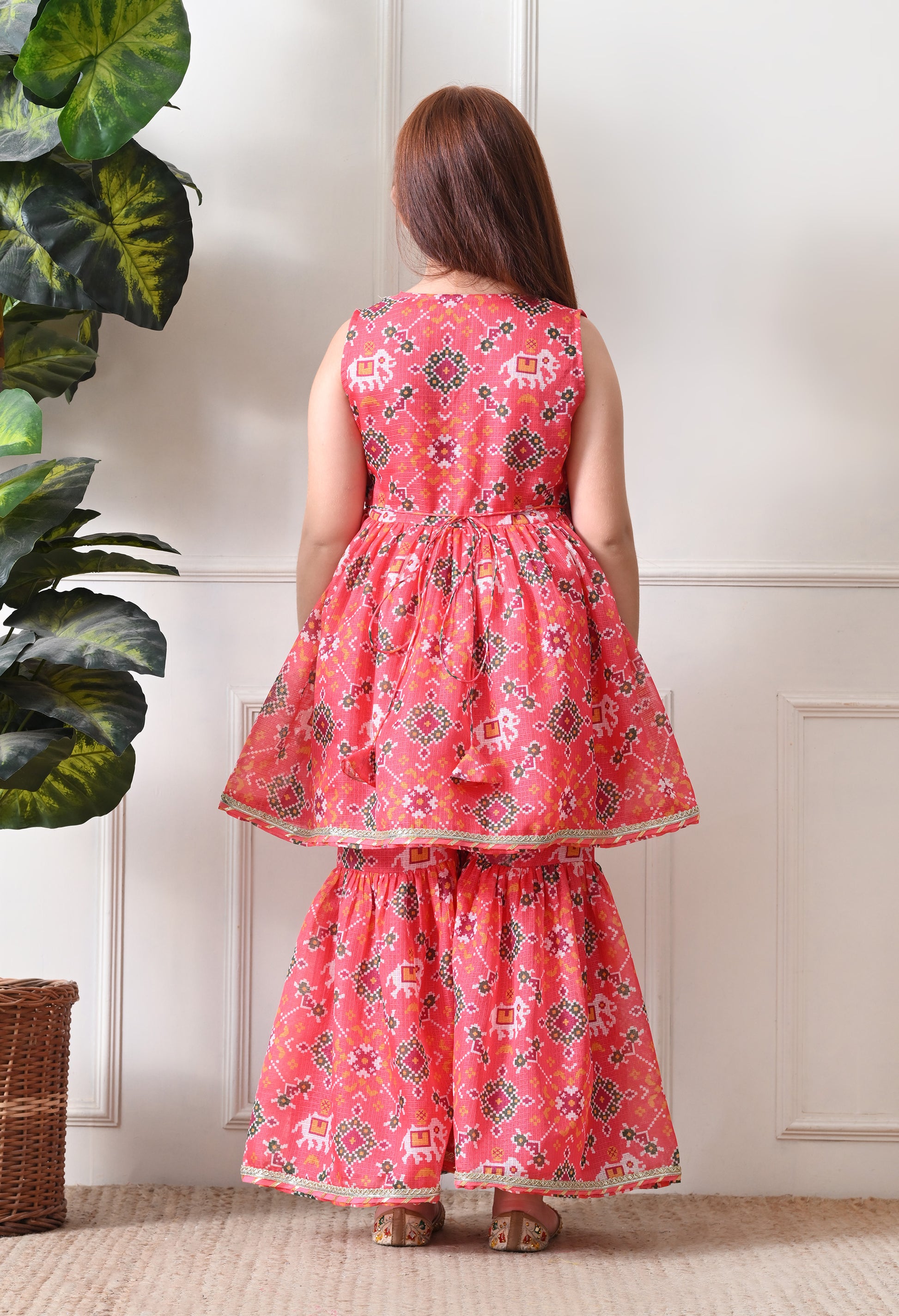Girl's Peach Sleeveless Printed Kurta Sharara Set with Dupatta