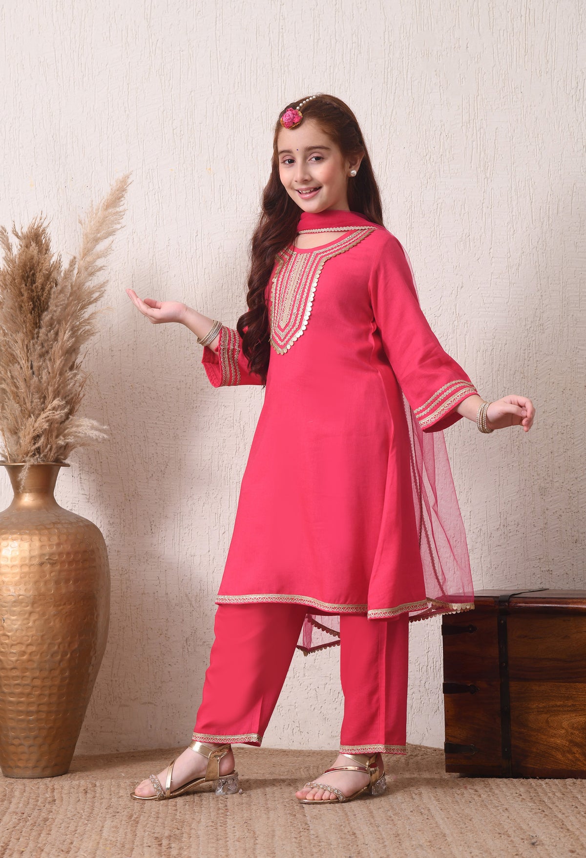 Girls Pink Kurta Pant Set with Dupatta