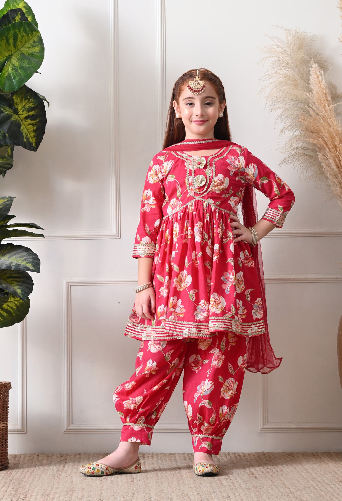 Girl's Red Floral Printed Kurta with Dhoti Pant & Dupatta Festive Ethnic Set