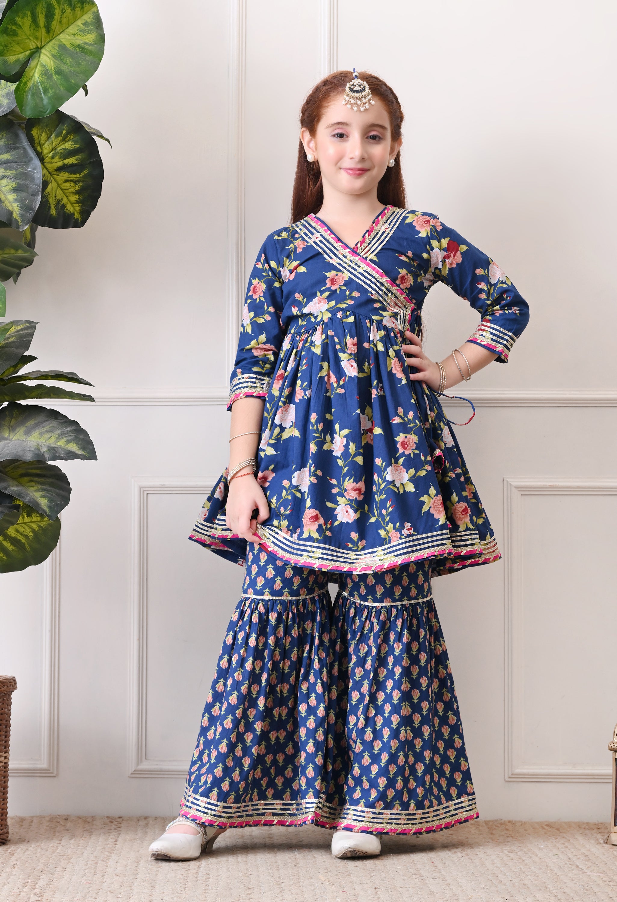 Girl's Navy Blue Floral Peplum Kurta with Printed Sharara Festive Ethnic Set