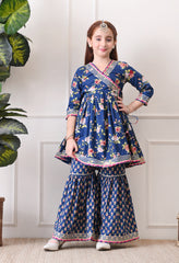 Girl's Navy Blue Floral Peplum Kurta with Printed Sharara Festive Ethnic Set