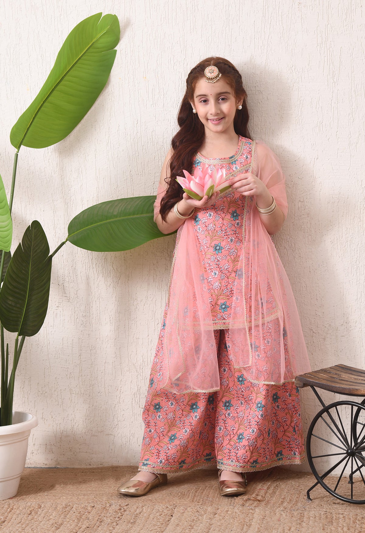 Girls Peach Floral Printed Kurta Sharara Set with Dupatta