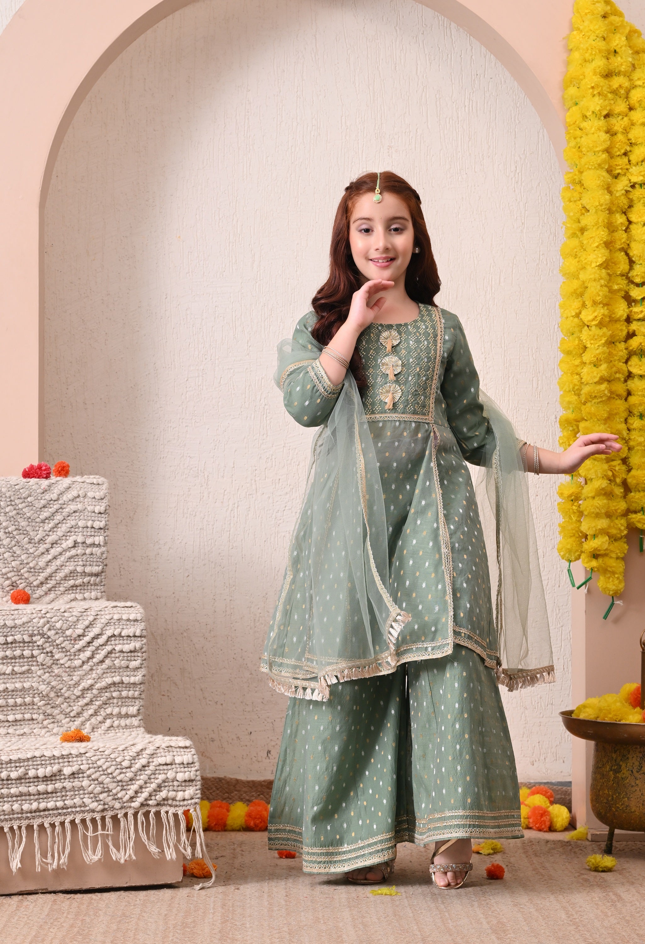 Girls Green Kurta Sharara Set with Dupatta