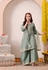 Girls Green Kurta Sharara Set with Dupatta