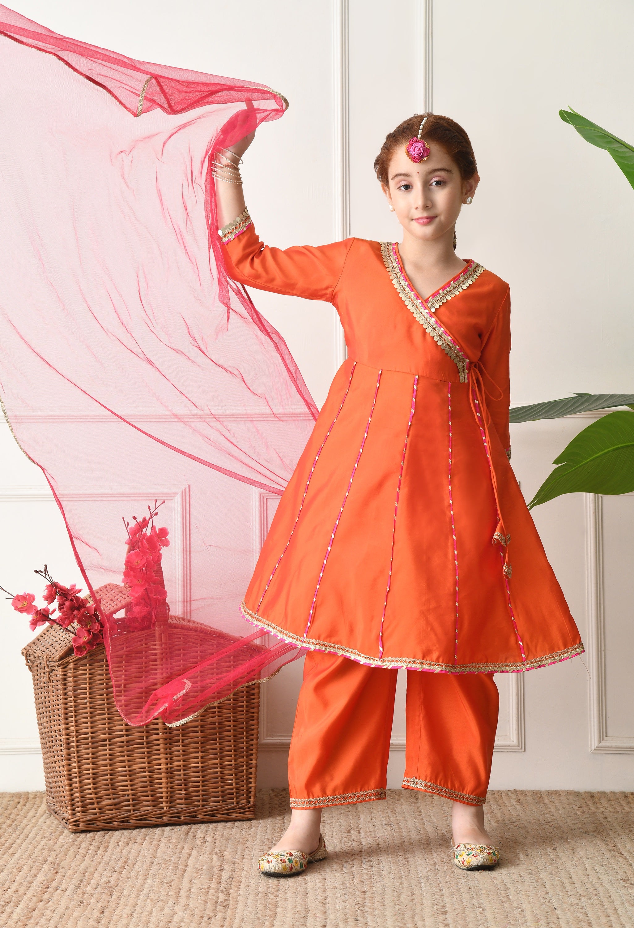 Girls Orange Angrakha Kurta Set with Pink Dupatta Ethnic Wear for Girls