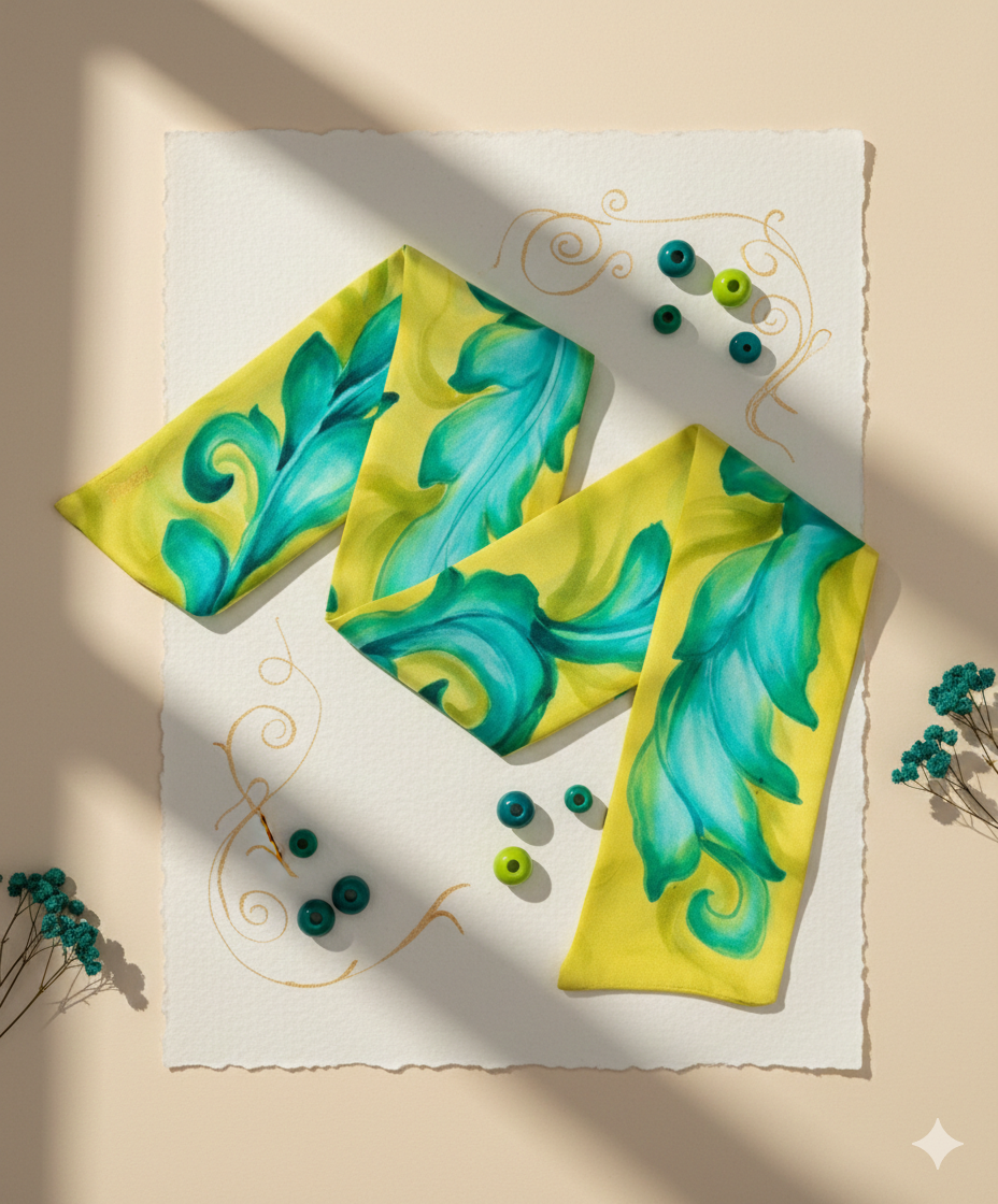 Verdant Whimsy - Hand Painted Pure Silk Trending Twilly