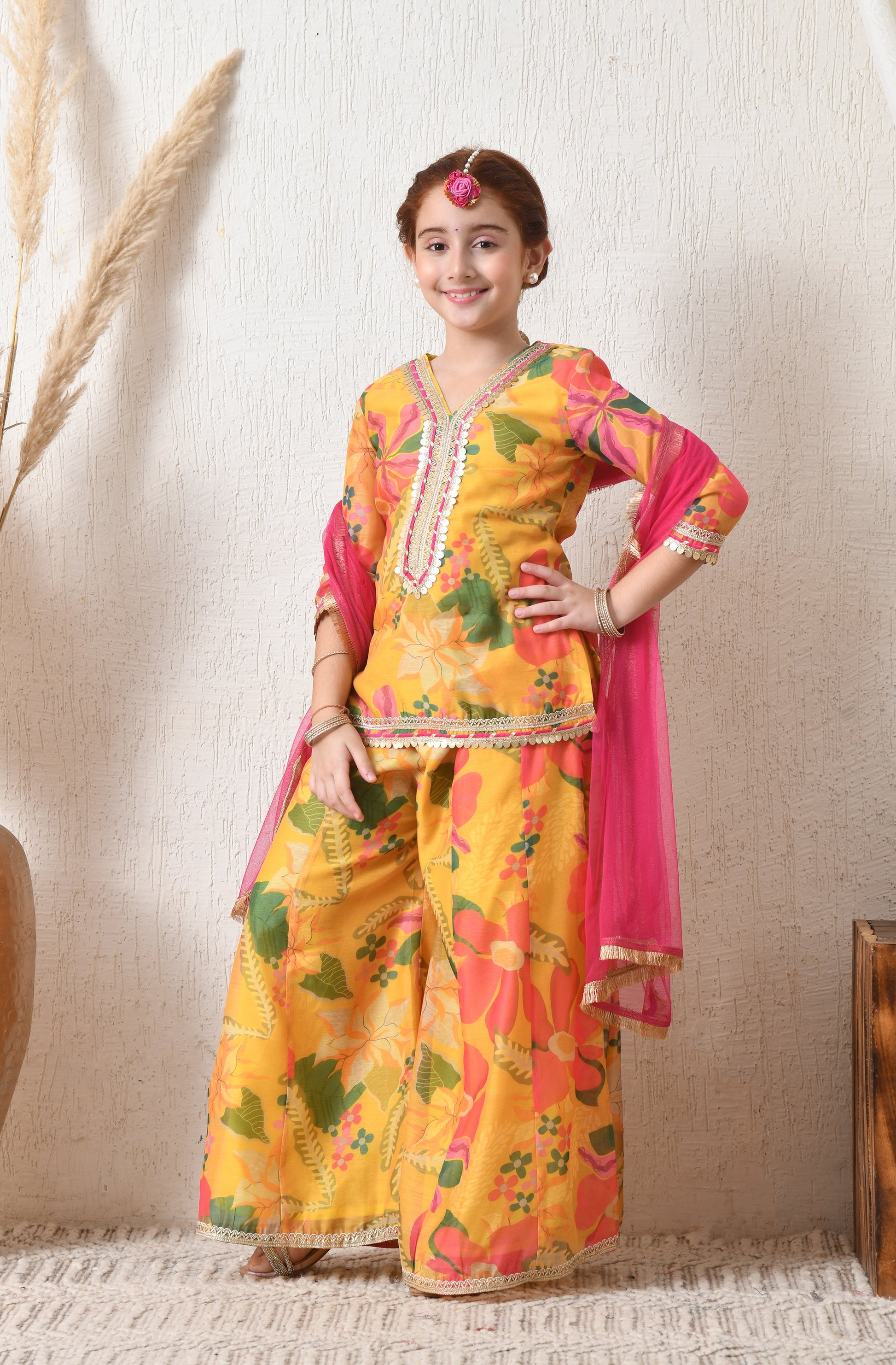 Girl Yellow Floral Printed Sharara Set with Pink Dupatta Festive Ethnic Wear 