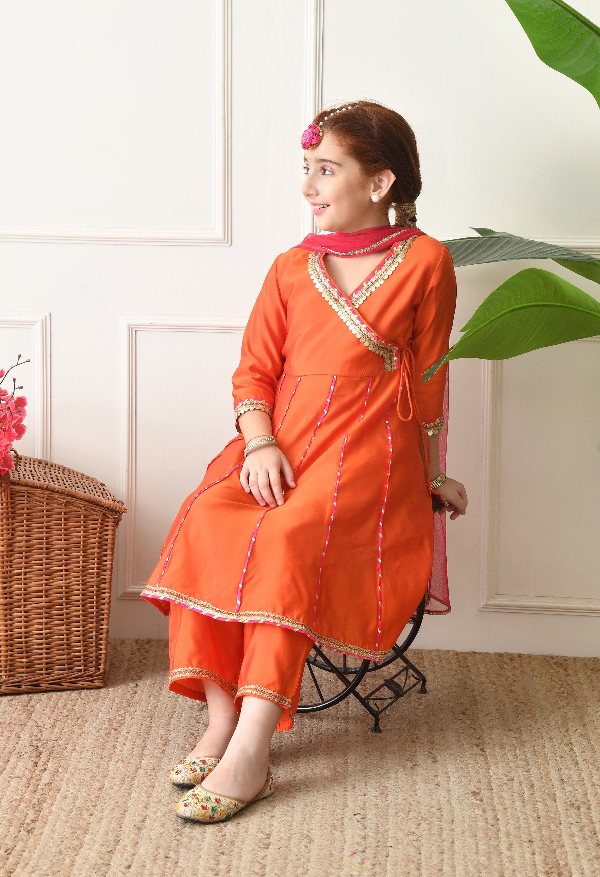 Girls Orange Angrakha Kurta Set with Pink Dupatta Ethnic Wear for Girls