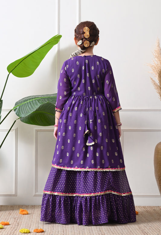 Girls Purple Motif Bandhej foil print Kurta with Frill Skirt Set with Dupatta