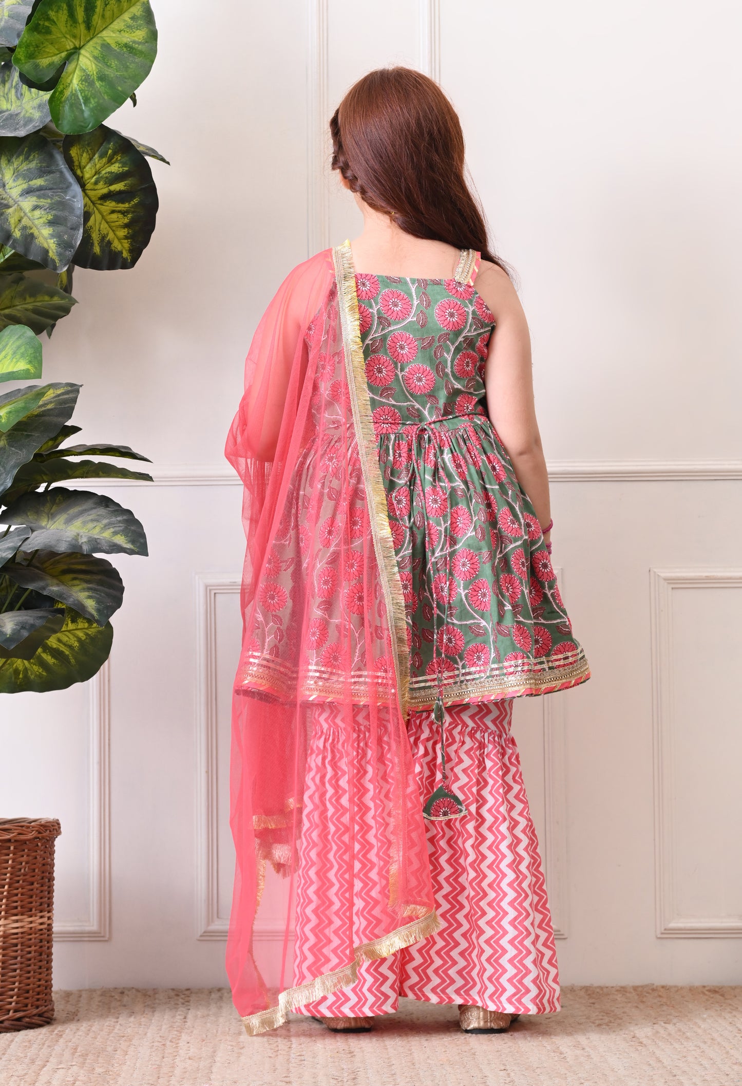 Girl's Green and Pink Floral Printed Sharara Set with Dupatta