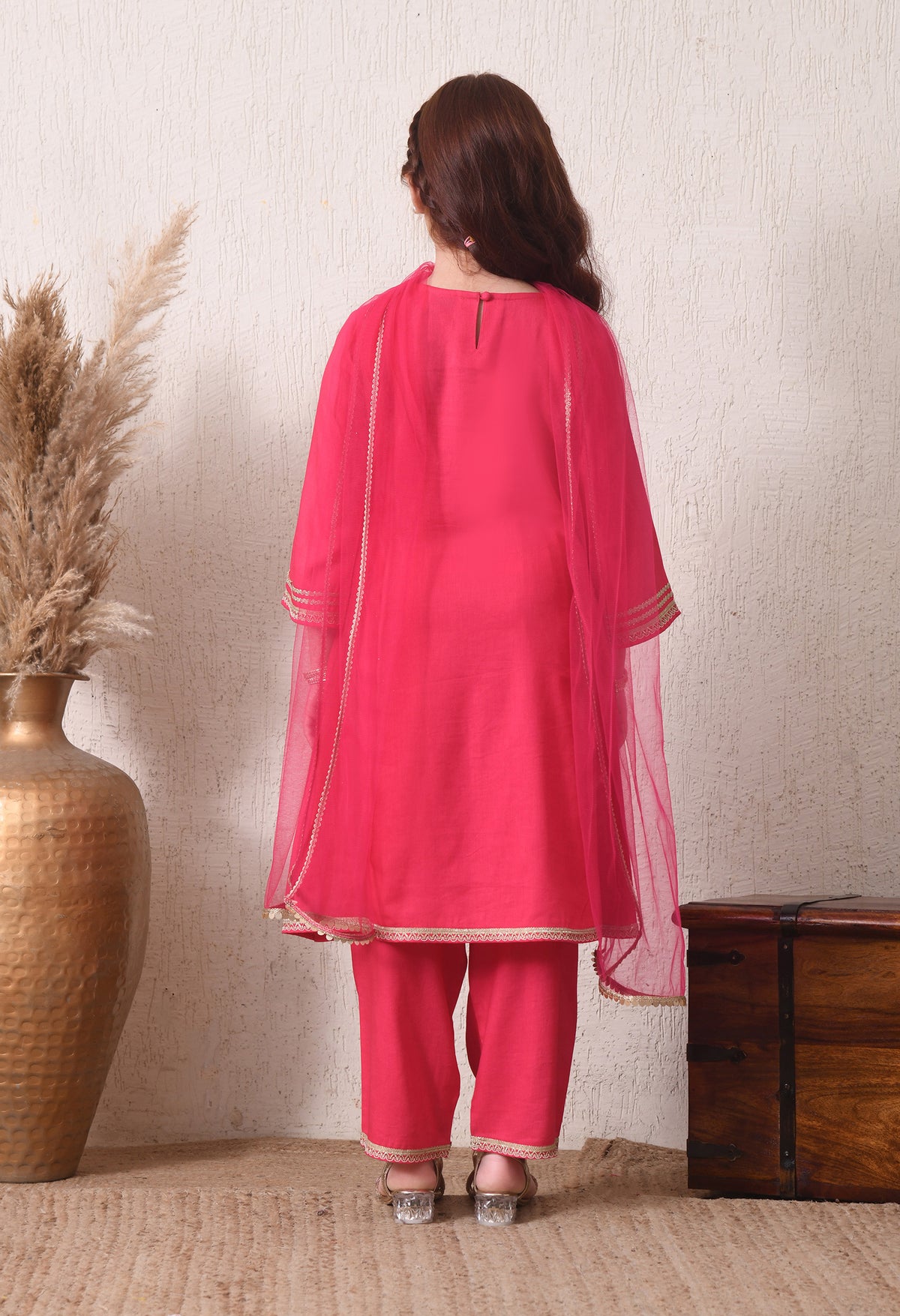 Girls Pink Kurta Pant Set with Dupatta