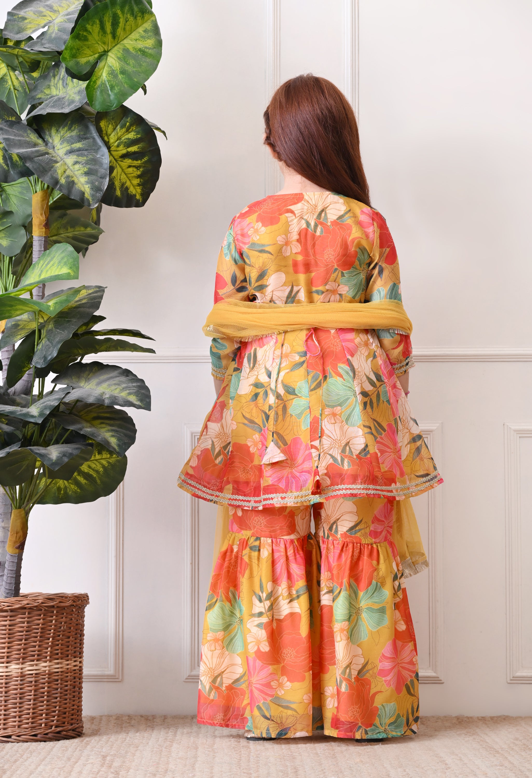 Girl's Yellow Multicolor Floral Printed Angrakha Kurta Sharara Set with Dupatta