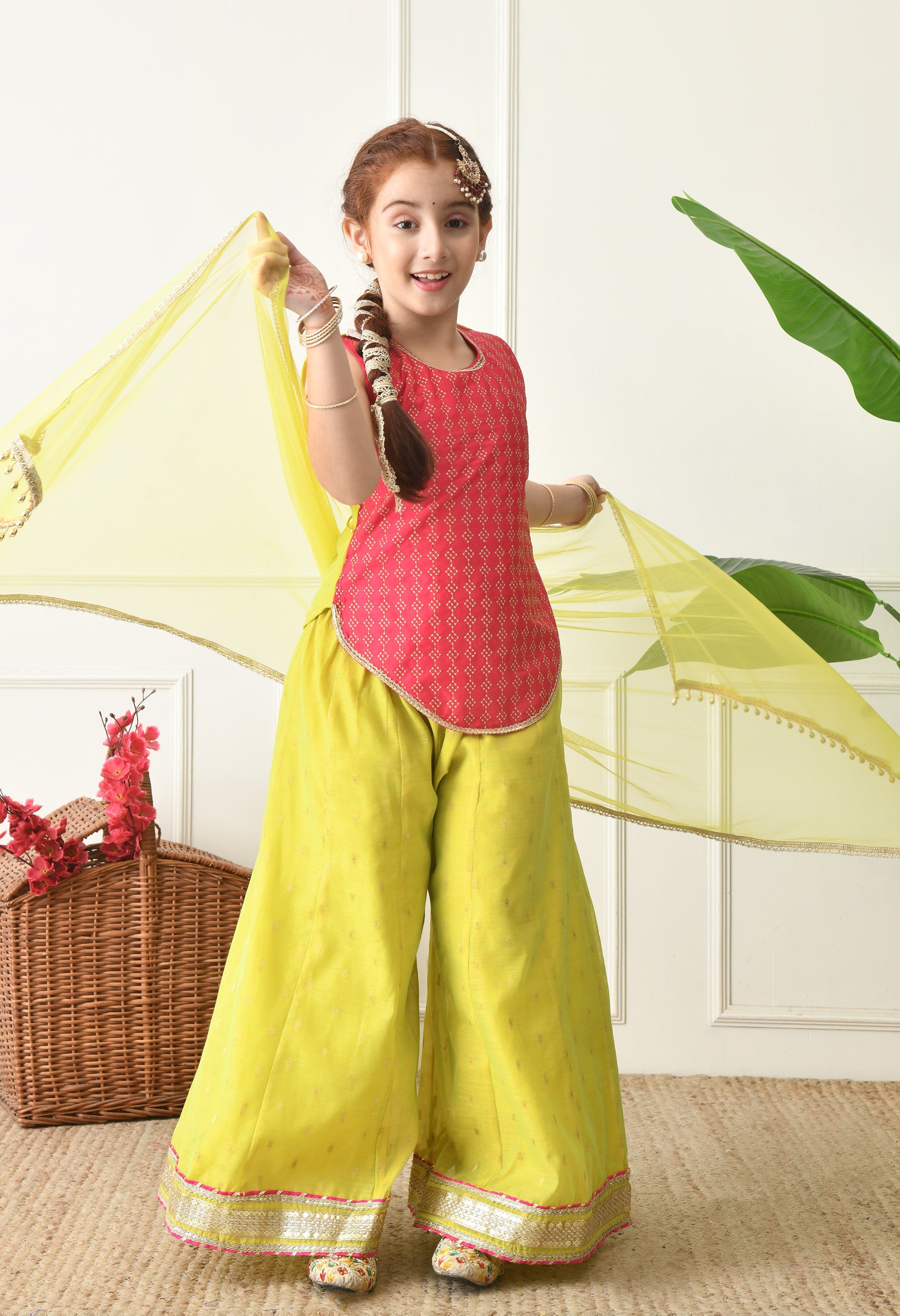 Girls Ethnic Set Pink Sleeveless Kurti with Lime Yellow Sharara & Dupatta