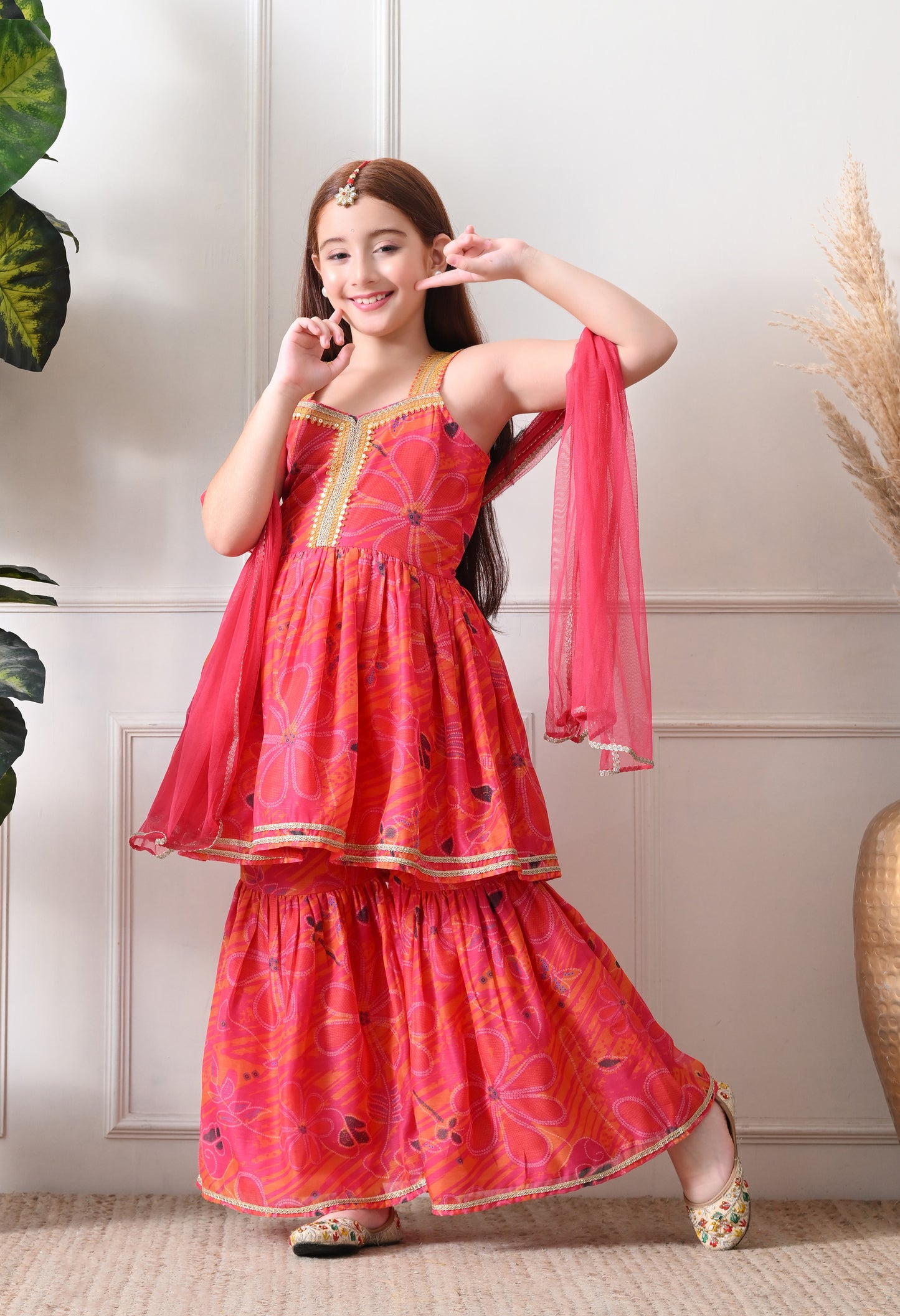 Girl's Pink Sleeveless Printed Kurta Sharara Set with Dupatta