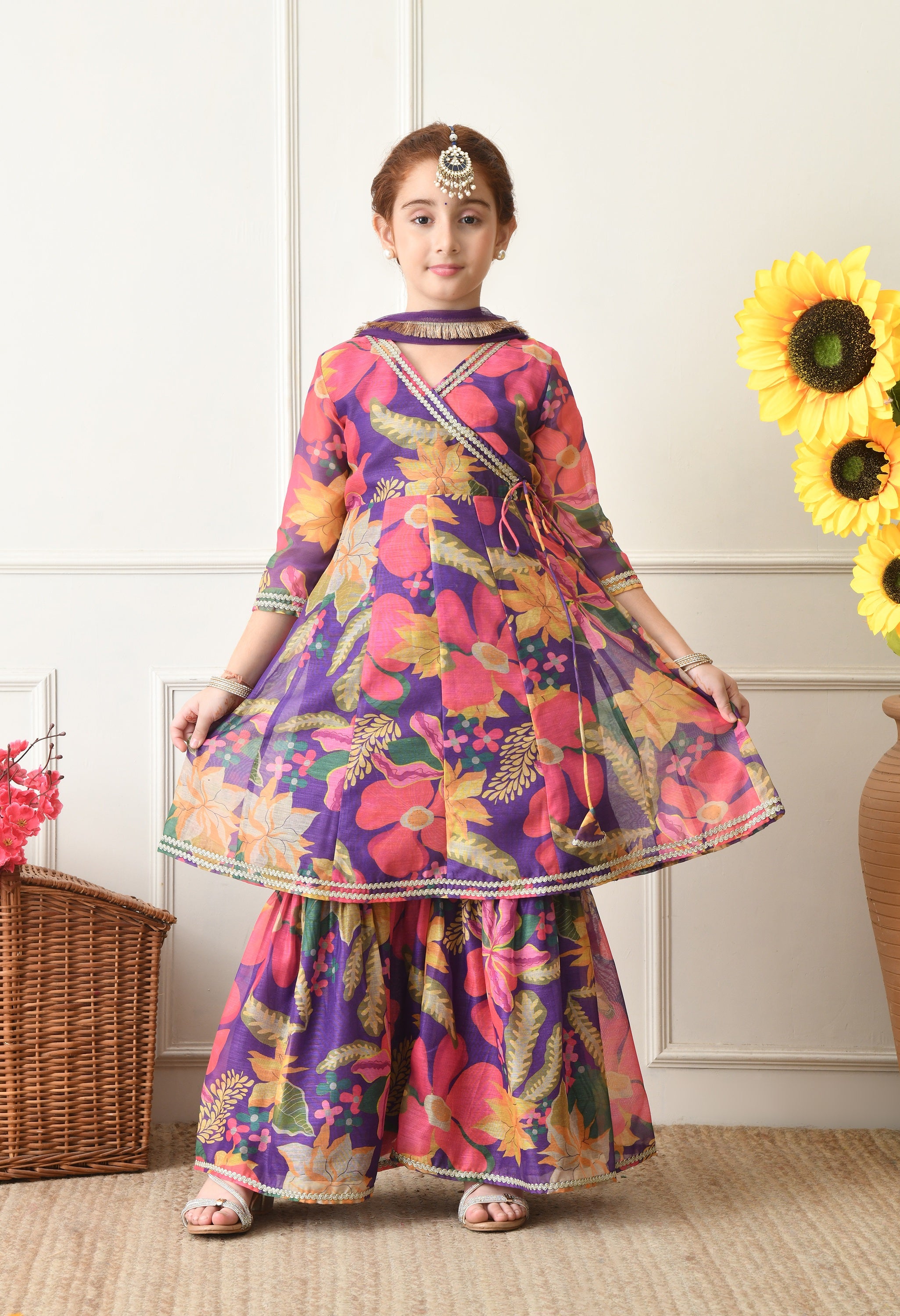 Girls Purple Floral Angrakha Sharara Set with Dupatta Festive Wear for Girls