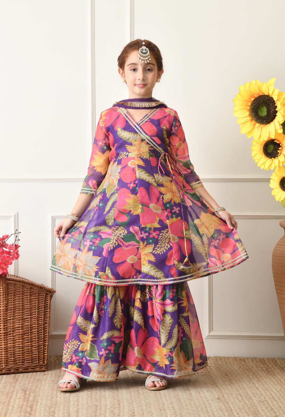Girls Purple Floral Angrakha Sharara Set with Dupatta Festive Wear for Girls