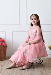 Girls Elegant Peach Pink Gota Work Kurta Sharara Set with Dupatta