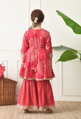Girls  Magenta Printed Peplum Kurta with Sharara Set 2 Piece Ethnic Ensemble