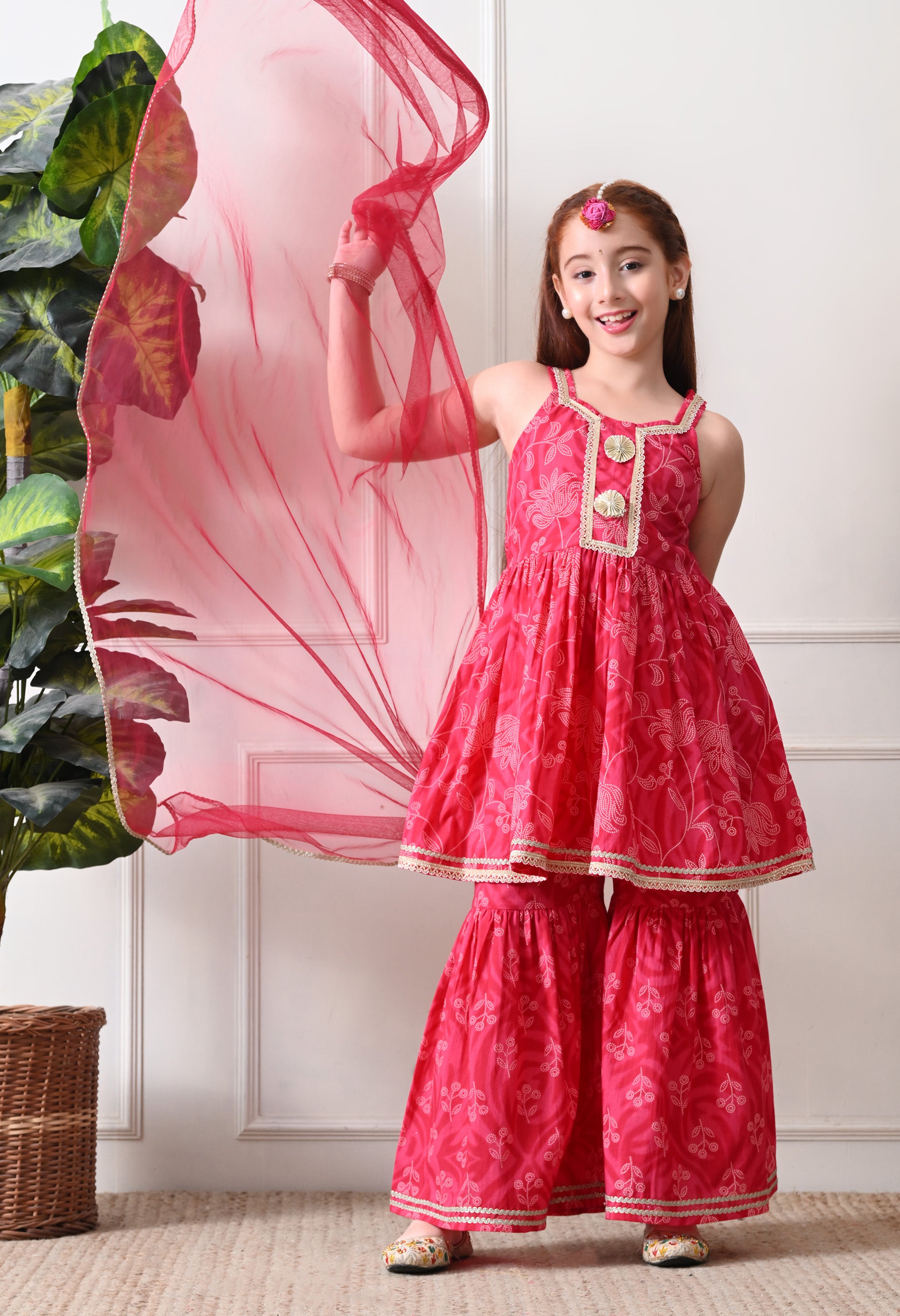 Girl's Pink Floral Printed Sharara Set with Dupatta
