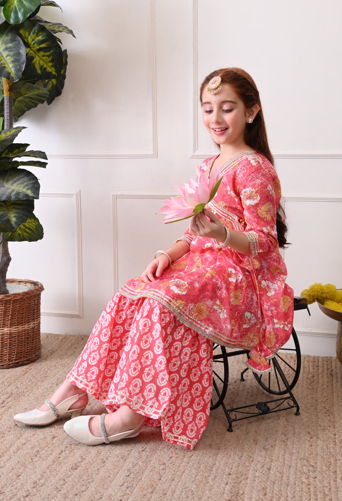 Girl's Pink Floral Printed Peplum Kurta with Sharara Set